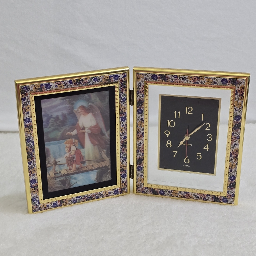Vintage Angel Desk Clock Photo Frame Gold Tone Floral Battery Operated